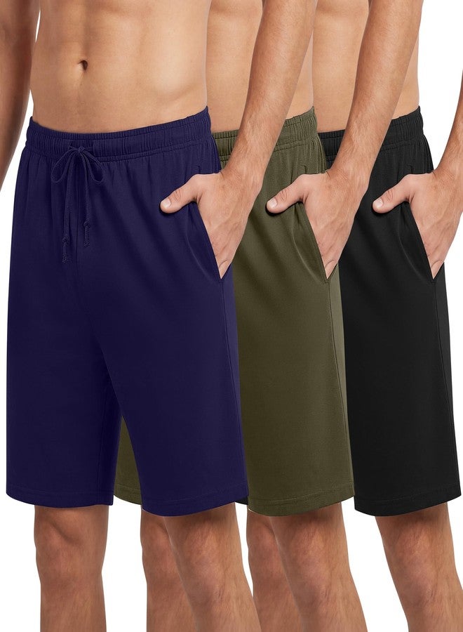 Bunnycool 3 Pack Men's Pajama Shorts Sleep Lounge Shorts Sleepwear Pants Big and Tall Sleep Pj Bottoms Elastic Waist with Pockets(L,Black, Dark Blue, Army Green) - Image 1